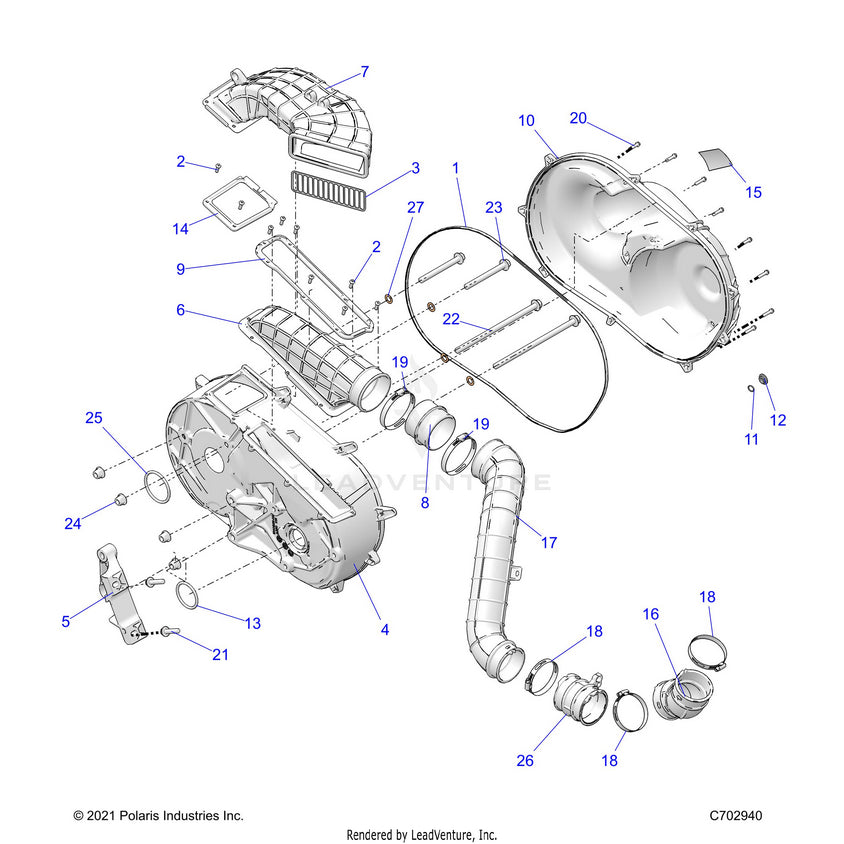 An Image of a Genuine Polaris Parts Schematic Diagram showing the schematic - DRIVE TRAIN: CLUTCH COVER & DUCTING - 2022 POLARIS RANGER CREW XP 1000 BIG GAME EVAP
