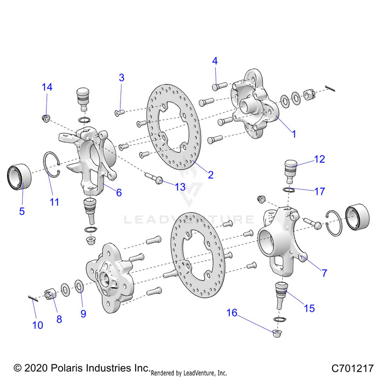 An Image of a Genuine Polaris Parts Schematic Diagram showing the schematic - SUSPENSION: FRONT HUB - 2023 POLARIS RANGER XP 1000 NORTHSTAR ULTIMATE EVAP