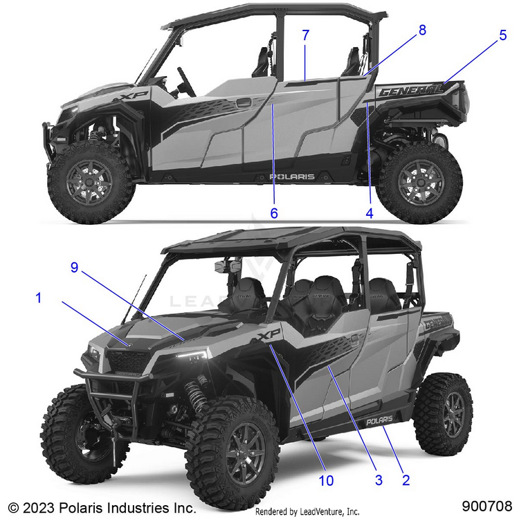 An Image of a Genuine Polaris Parts Schematic Diagram showing the schematic - BODY: DECALS - 2024 POLARIS GENERAL XP 4 1000 PREMIUM