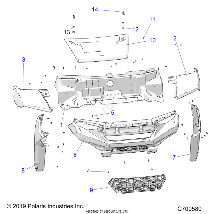 An Image of a Genuine Polaris Parts Schematic Diagram showing the schematic - BODY: HOOD & FRONT FACIA - 2021 POLARIS RANGER CREW 1000 EPS PREMIUM