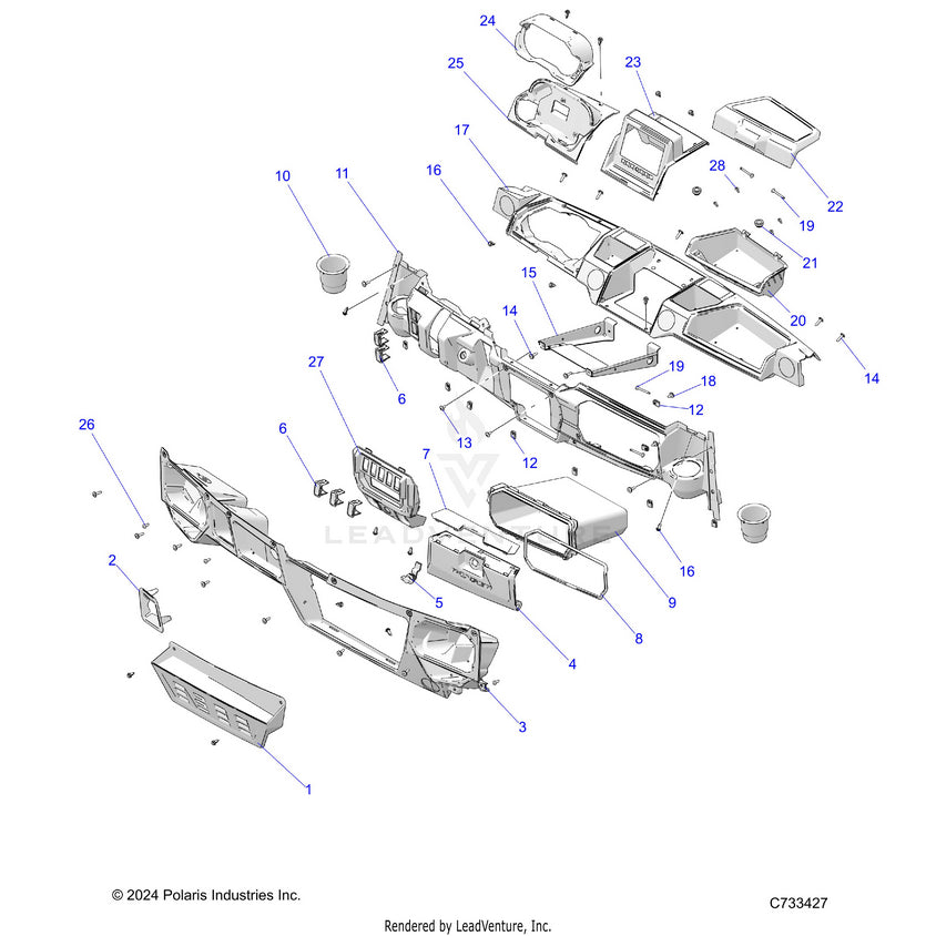 An Image of a Genuine Polaris Parts Schematic Diagram showing the schematic - BODY: DASH - 2025 POLARIS RANGER 1000 XP NORTHSTAR ULTIMATE TRAIL BOSS