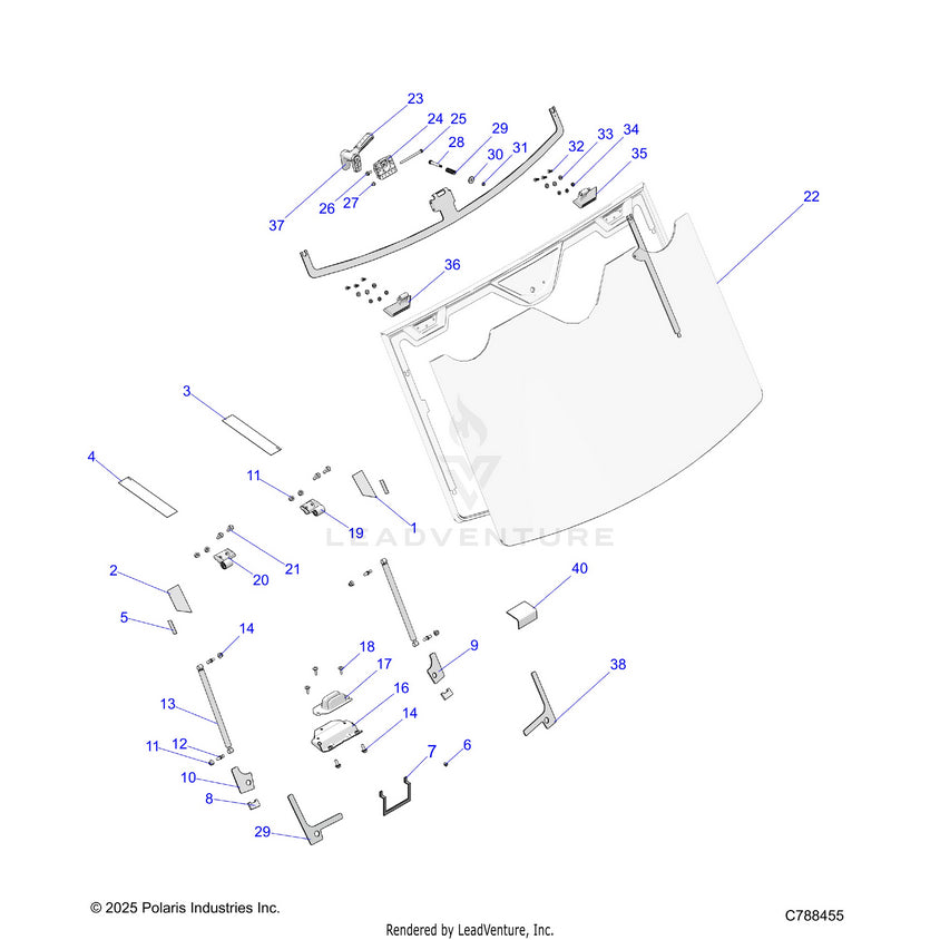 An Image of a Genuine Polaris Parts Schematic Diagram showing the schematic - BODY: WINDSHIELD TIP OUT - 2026 POLARIS RANGER 1000 XP NORTHSTAR