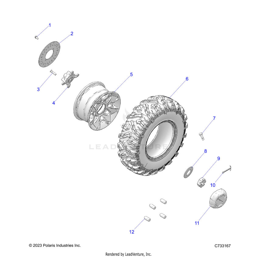 An Image of a Genuine Polaris Parts Schematic Diagram showing the schematic - WHEELS: FRONT - 2024 POLARIS RANGER 570 NORTHSTAR