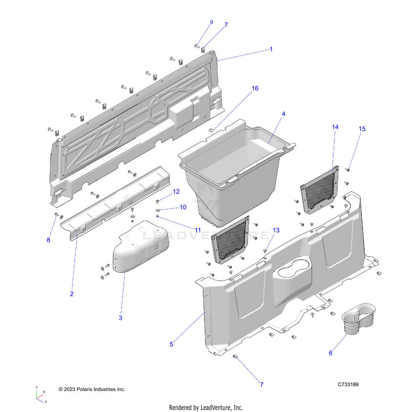 An Image of a Genuine Polaris Parts Schematic Diagram showing the schematic - BODY: FLOOR CLOSEOFFS & BIN - 2026 POLARIS RANGER 570 NORTHSTAR