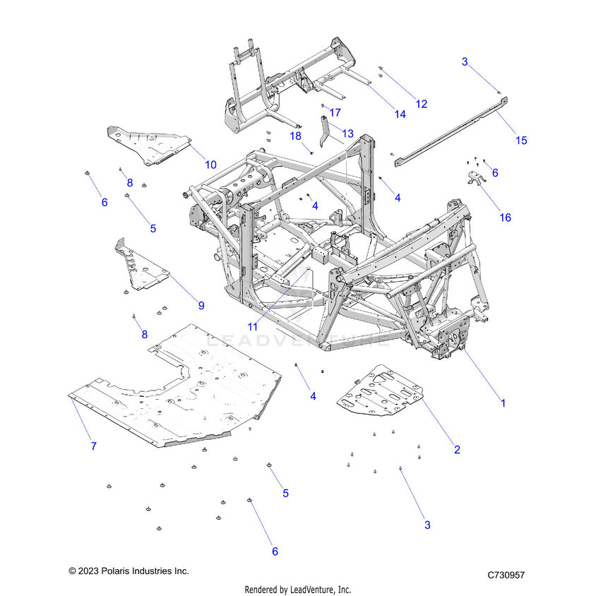 An Image of a Genuine Polaris Parts Schematic Diagram showing the schematic - CHASSIS: MAIN FRAME & SKID PLATES - 2025 POLARIS RANGER XD 1500 NORTHSTAR ULTIMATE