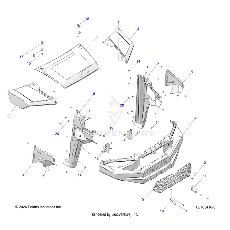An Image of a Genuine Polaris Parts Schematic Diagram showing the schematic - BODY: HOOD & FRONT FENDERS - 2022 POLARIS RANGER 570 RIDE COMMAND