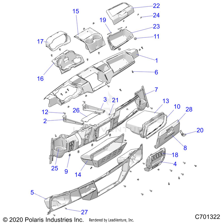 An Image of a Genuine Polaris Parts Schematic Diagram showing the schematic - BODY: DASH - 2021 POLARIS RANGER XP 1000 TRAIL BOSS EVAP