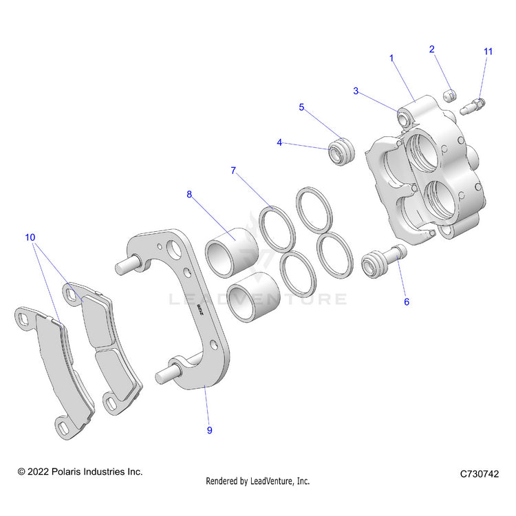 An Image of a Genuine Polaris Parts Schematic Diagram showing the schematic - BRAKES: FRONT CALIPER - 2023 POLARIS RANGER 570 FULL SIZE