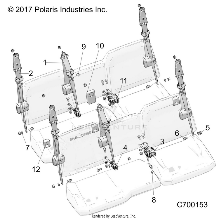 An Image of a Genuine Polaris Parts Schematic Diagram showing the schematic - BODY: SEAT BELT MOUNTING - 2022 POLARIS RANGER CREW XP 1000 WATERFOWL EVAP