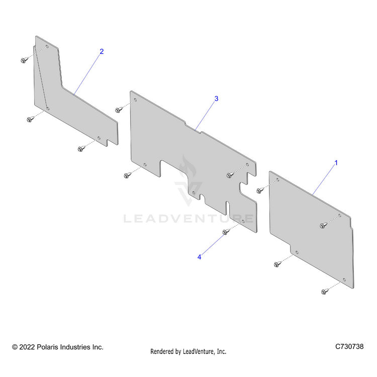 An Image of a Genuine Polaris Parts Schematic Diagram showing the schematic - BODY: WHEEL WELL PLATES - 2023 POLARIS RANGER 570 FULL SIZE