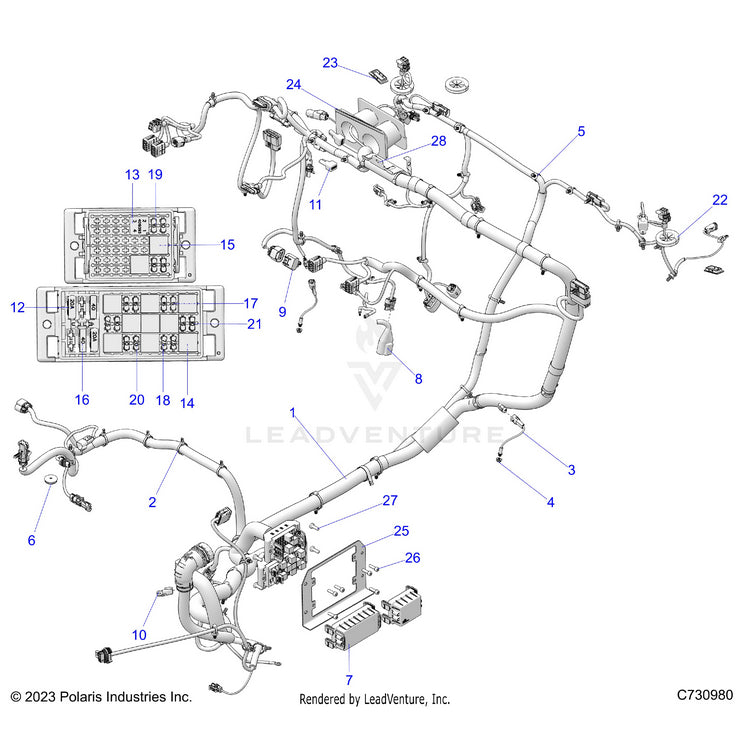 An Image of a Genuine Polaris Parts Schematic Diagram showing the schematic - ELECTRICAL: WIRE HARNESS CHASSIS - 2024 POLARIS RANGER XD 1500 PREMIUM
