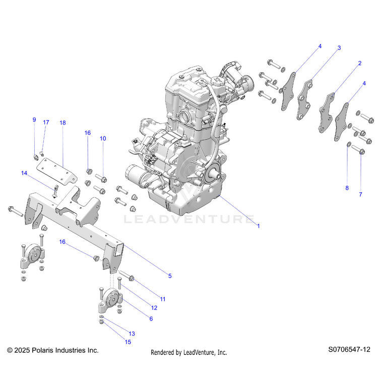 An Image of a Genuine Polaris Parts Schematic Diagram showing the schematic - ENGINE: TRANSMISSION MOUNTING & LONG BLOCK - 2026 POLARIS RANGER 570 CREW EPS