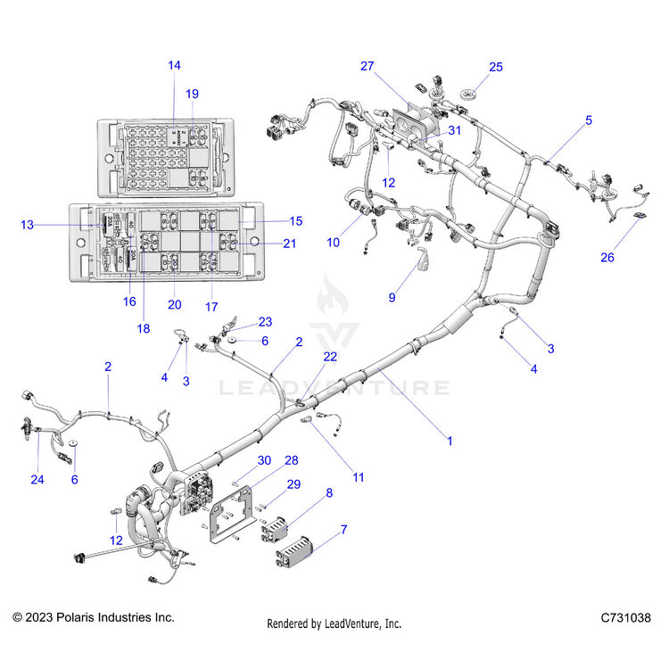An Image of a Genuine Polaris Parts Schematic Diagram showing the schematic - ELECTRICAL: WIRE HARNESS CHASSIS - 2024 POLARIS RANGER XD 1500 PREMIUM CREW
