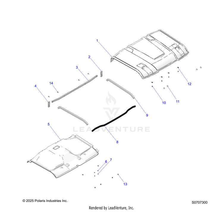 An Image of a Genuine Polaris Parts Schematic Diagram showing the schematic - BODY: ROOF LINER & SEALS - 2026 POLARIS RANGER 570 NORTHSTAR