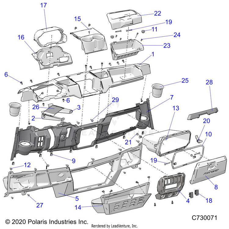 An Image of a Genuine Polaris Parts Schematic Diagram showing the schematic - BODY: DASH - 2023 POLARIS RANGER CREW XP 1000 NORTHSTAR
