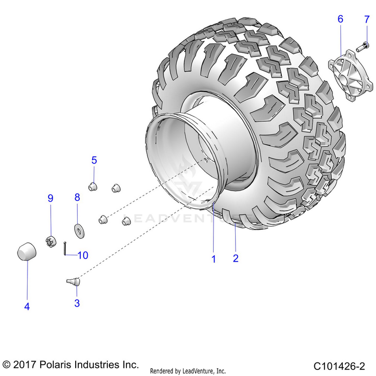 An Image of a Genuine Polaris Parts Schematic Diagram showing the schematic - WHEELS: REAR - 2021 POLARIS RANGER 150 EFI