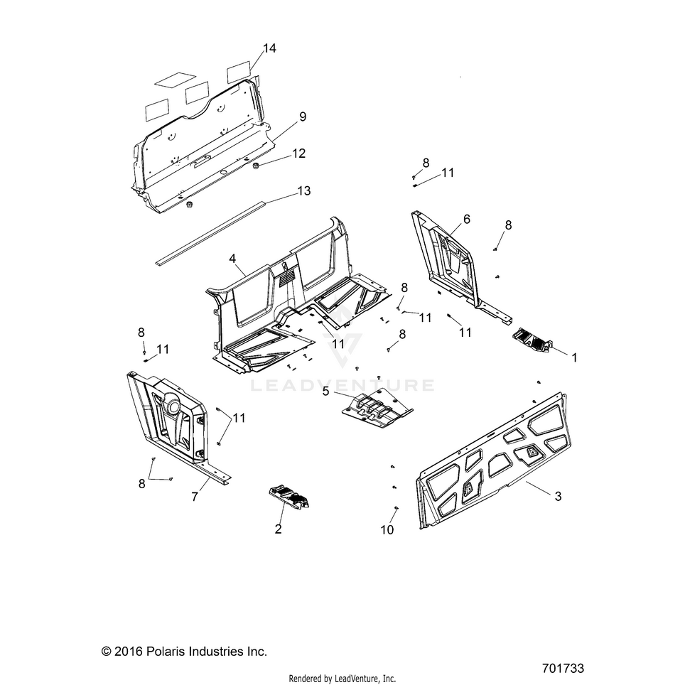 An Image of a Genuine Polaris Parts Schematic Diagram showing the schematic - BODY: REAR FLOOR & FENDERS - 2017 POLARIS RANGER CREW 570 EFI