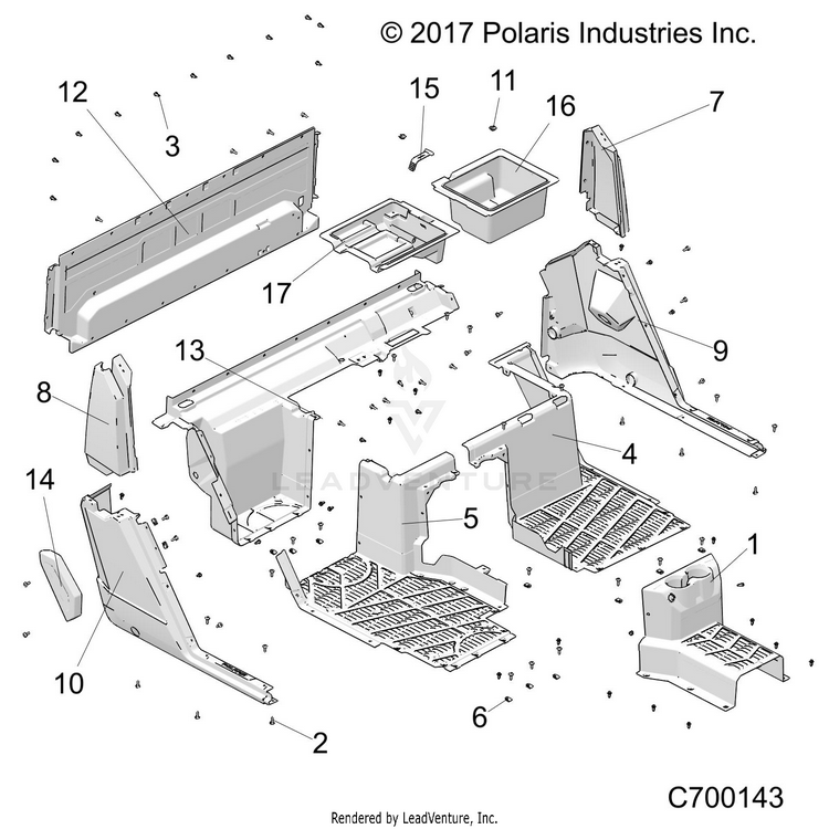 An Image of a Genuine Polaris Parts Schematic Diagram showing the schematic - BODY: FLOOR REAR - 2019 POLARIS RANGER CREW XP 1000 NORTHSTAR RIDE COMMAND