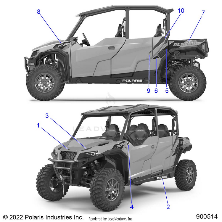 An Image of a Genuine Polaris Parts Schematic Diagram showing the schematic - BODY: DECALS - 2023 POLARIS GENERAL XP 4 1000 SPORT