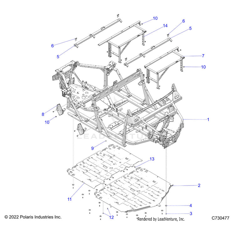 An Image of a Genuine Polaris Parts Schematic Diagram showing the schematic - CHASSIS: MAIN FRAME & SKID PLATES - 2025 POLARIS RANGER 1000 XP CREW NORTHSTAR TEXAS EDITION