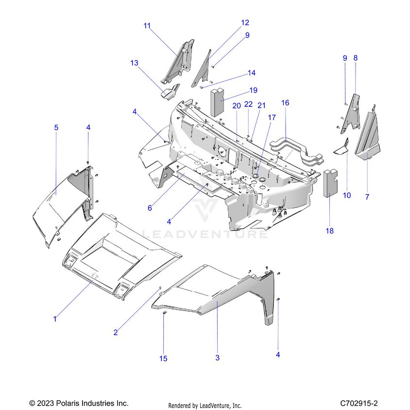 An Image of a Genuine Polaris Parts Schematic Diagram showing the schematic - BODY: HOOD/FRONT FENDERS/A PILLARS - 2024 POLARIS XPEDITION XP NORTHSTAR