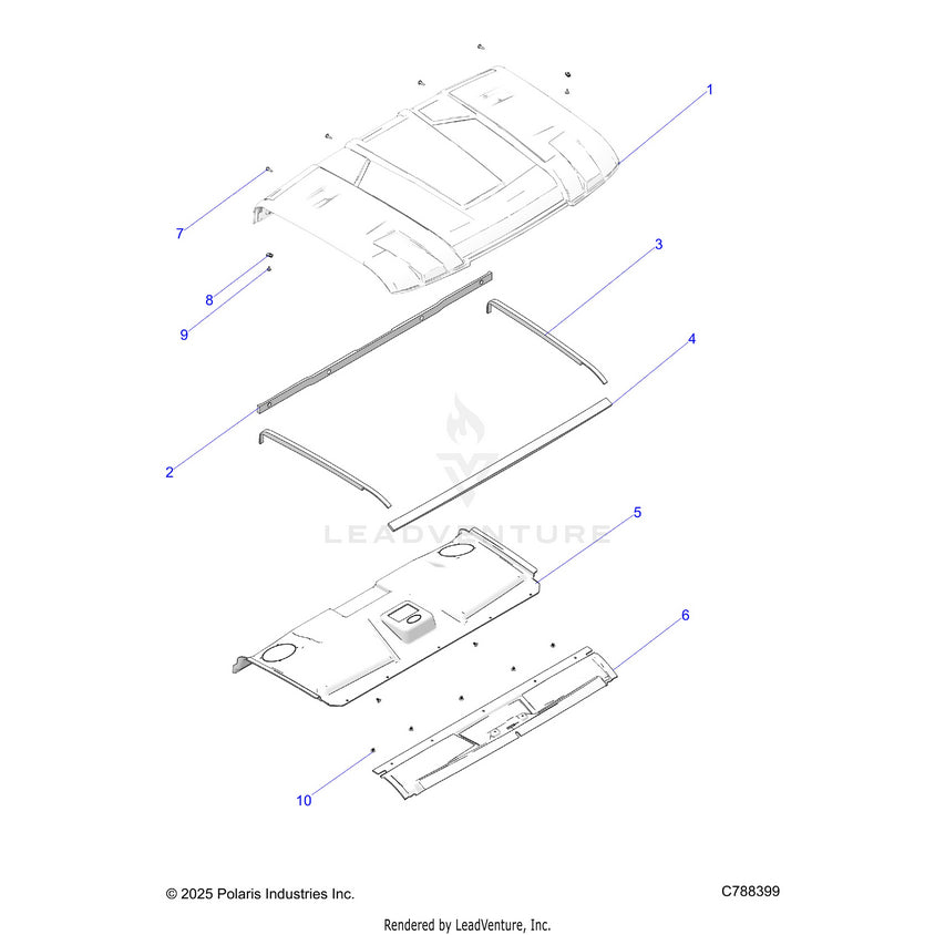 An Image of a Genuine Polaris Parts Schematic Diagram showing the schematic - BODY: ROOF - 2025 POLARIS RANGER 1000 XP NORTHSTAR ULTIMATE TRAIL BOSS