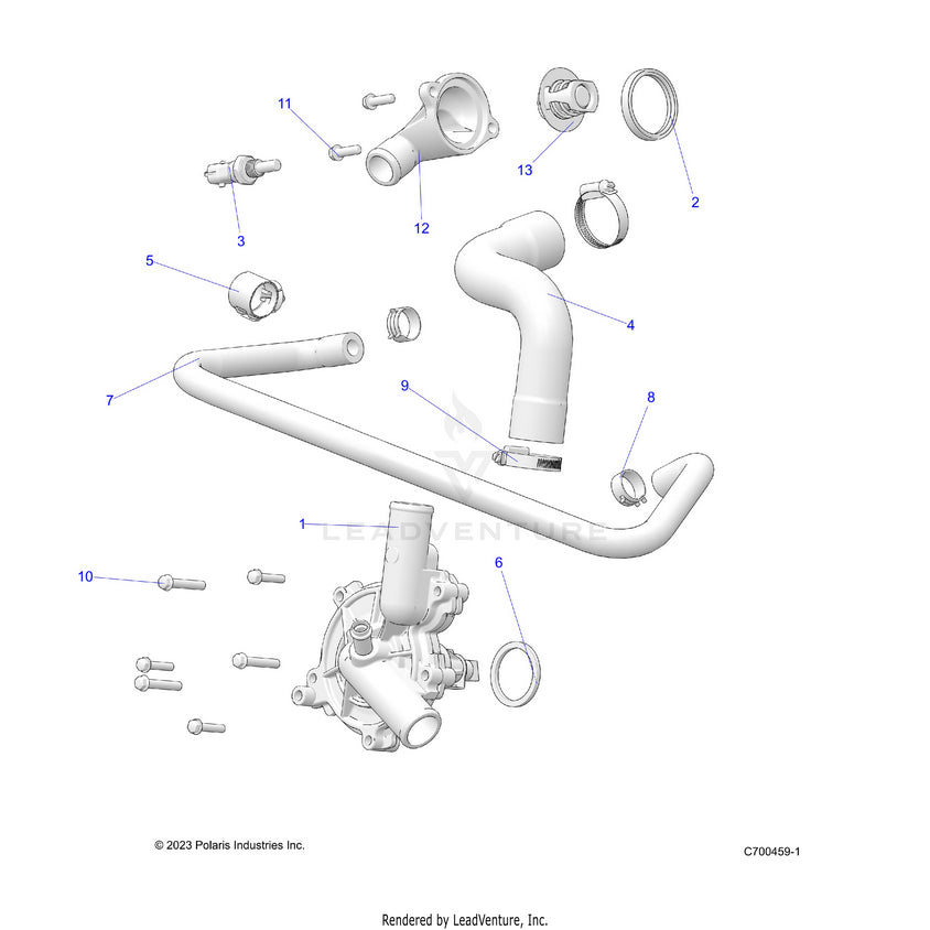 An Image of a Genuine Polaris Parts Schematic Diagram showing the schematic - ENGINE: WATERPUMP & BYPASS - 2025 POLARIS RANGER 1000 XP NORTHSTAR PREMIUM