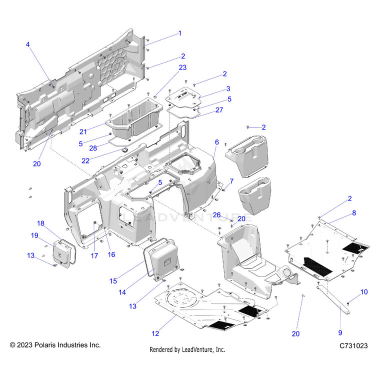 An Image of a Genuine Polaris Parts Schematic Diagram showing the schematic - BODY: FLOOR & REAR CLOSEOFF - 2024 POLARIS RANGER XD 1500 PREMIUM
