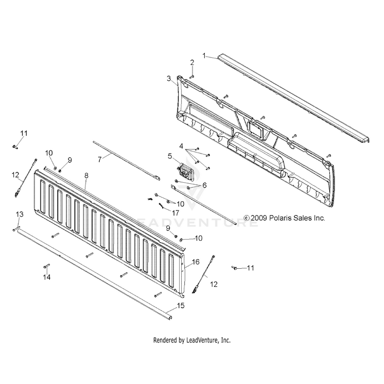 An Image of a Genuine Polaris Parts Schematic Diagram showing the schematic - BODY: TAILGATE - 2015 POLARIS RANGER 800 6X6