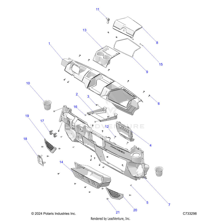 An Image of a Genuine Polaris Parts Schematic Diagram showing the schematic - BODY: DASH - 2025 POLARIS RANGER 1000 CREW