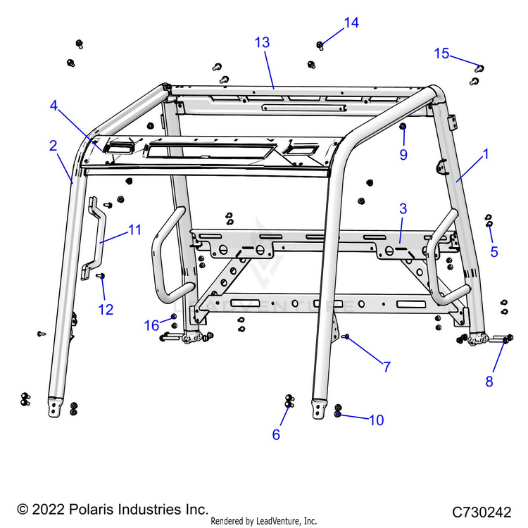 An Image of a Genuine Polaris Parts Schematic Diagram showing the schematic - CHASSIS: CAB FRAME - 2022 POLARIS RANGER 570 RIDE COMMAND