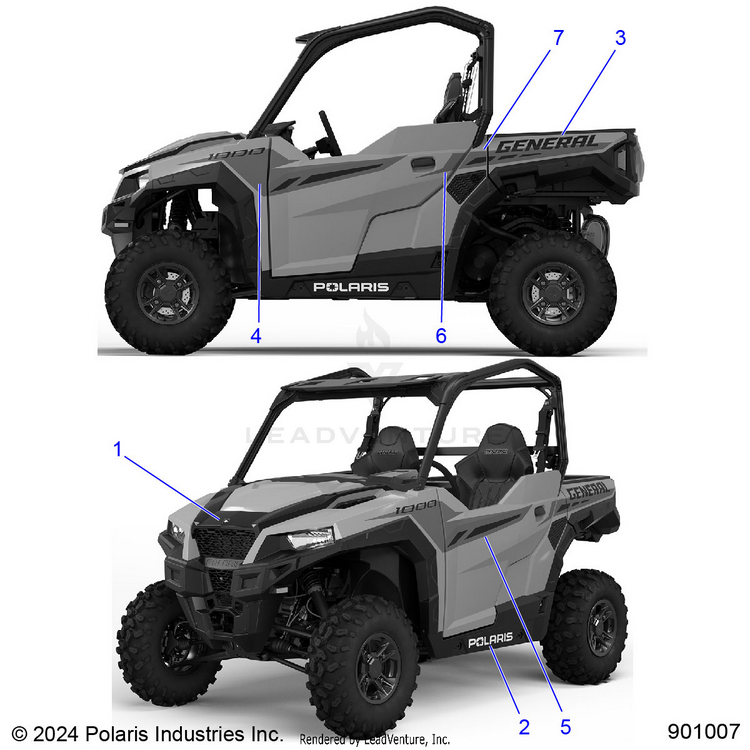 An Image of a Genuine Polaris Parts Schematic Diagram showing the schematic - BODY: DECALS - 2025 POLARIS GENERAL 1000 SPORT