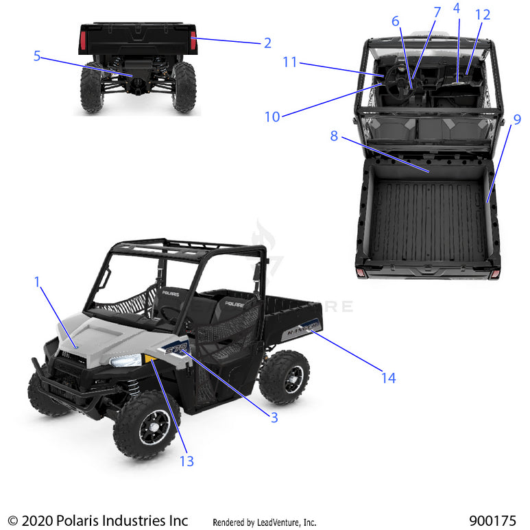 An Image of a Genuine Polaris Parts Schematic Diagram showing the schematic - BODY: DECALS - 2021 POLARIS RANGER 500