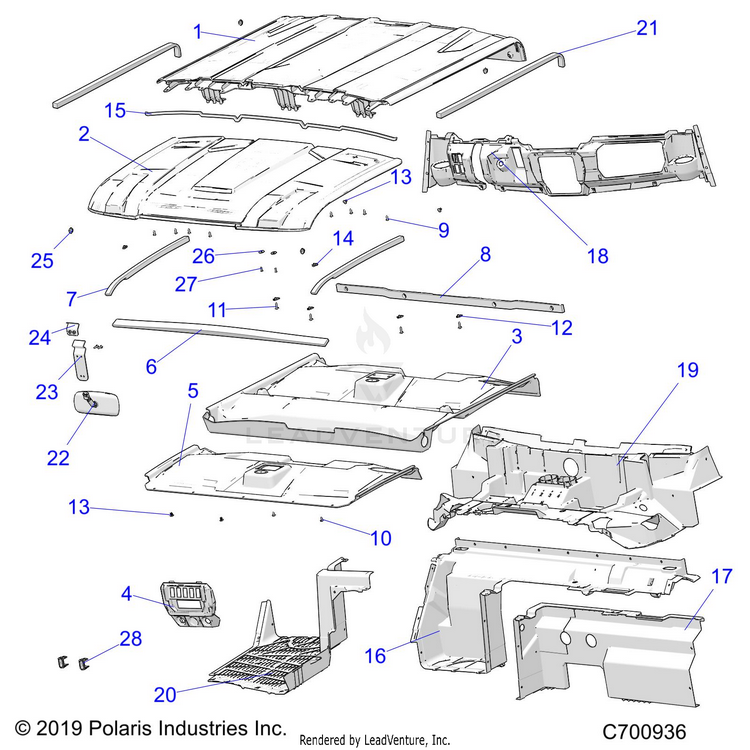 An Image of a Genuine Polaris Parts Schematic Diagram showing the schematic - OPTION: ROOF PREP AUDIO REAR CLOSE OFF COVER HOOD LINER FLOOR & DASH - 2020 POLARIS RANGER CREW XP 1000 NORTHSTAR FC