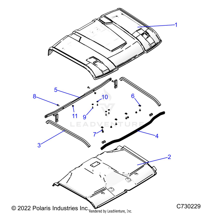 An Image of a Genuine Polaris Parts Schematic Diagram showing the schematic - BODY: ROOF LINER & SEALS - 2023 POLARIS RANGER 570 NORTHSTAR