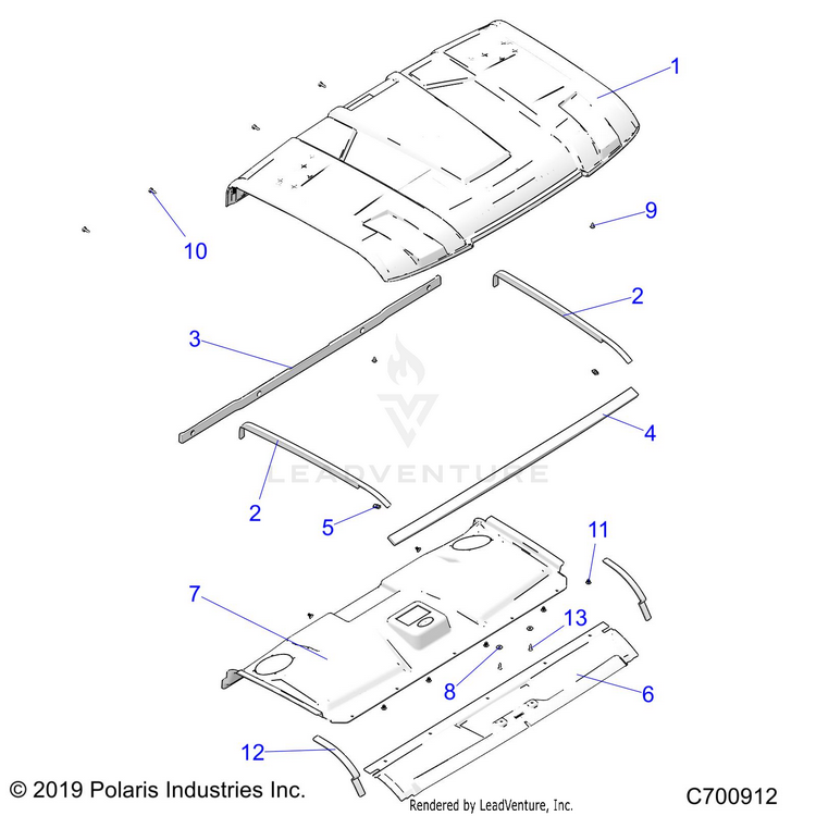 An Image of a Genuine Polaris Parts Schematic Diagram showing the schematic - BODY: ROOF - 2020 POLARIS RANGER XP 1000 EPS RIDE COMMAND