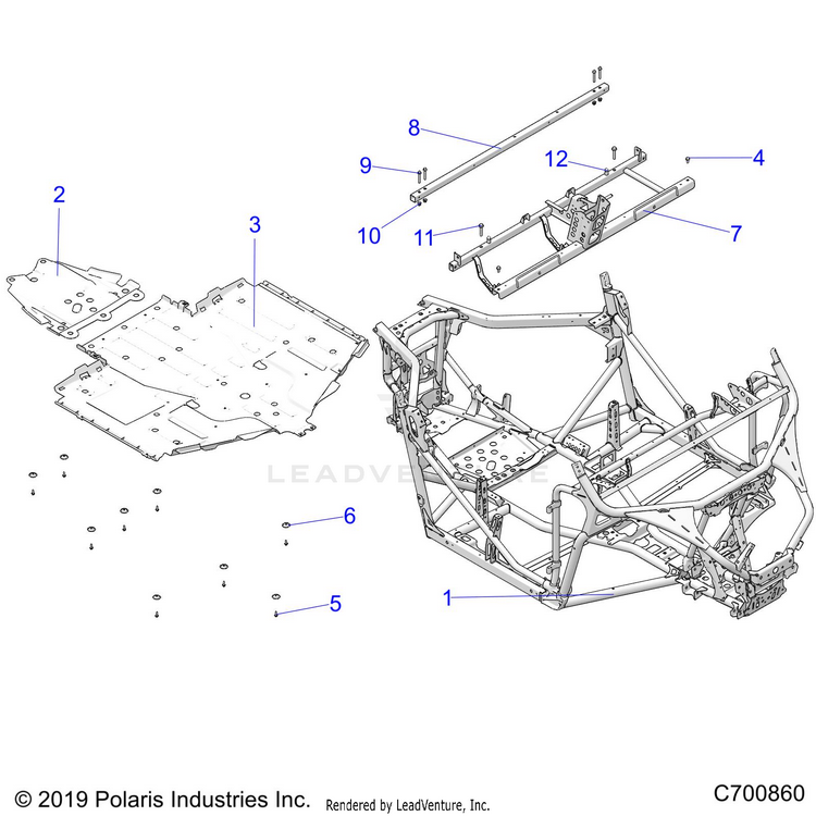 An Image of a Genuine Polaris Parts Schematic Diagram showing the schematic - CHASSIS: MAIN FRAME AND SKID PLATES - 2024 POLARIS GENERAL XP 1000 ULTIMATE