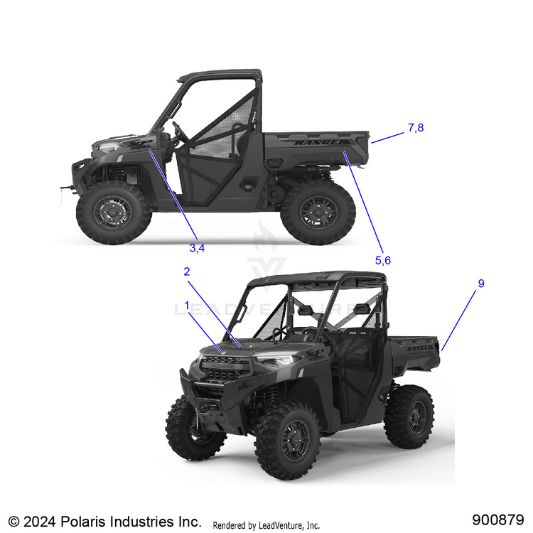 An Image of a Genuine Polaris Parts Schematic Diagram showing the schematic - BODY: DECALS GRAPHICS - 2025 POLARIS RANGER 1000 XP PREMIUM