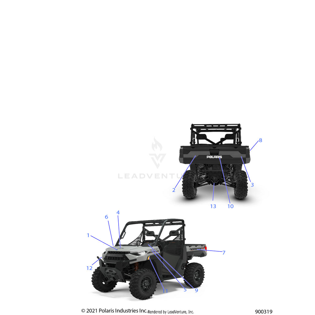 An Image of a Genuine Polaris Parts Schematic Diagram showing the schematic - BODY: DECALS GRAPHIC - 2022 POLARIS RANGER XP 1000 TRAIL BOSS EVAP