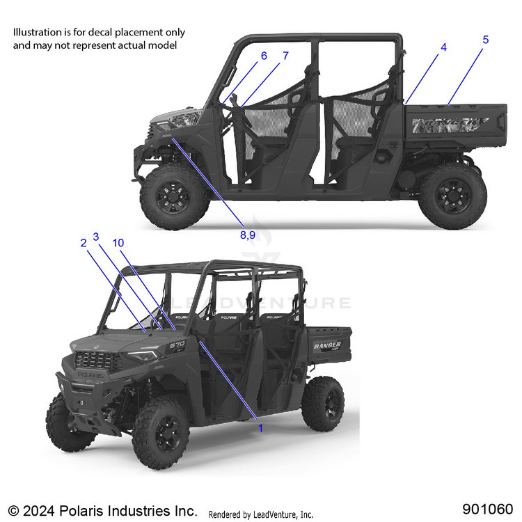 An Image of a Genuine Polaris Parts Schematic Diagram showing the schematic - BODY: DECALS GENERAL - 2025 POLARIS RANGER 570 CREW