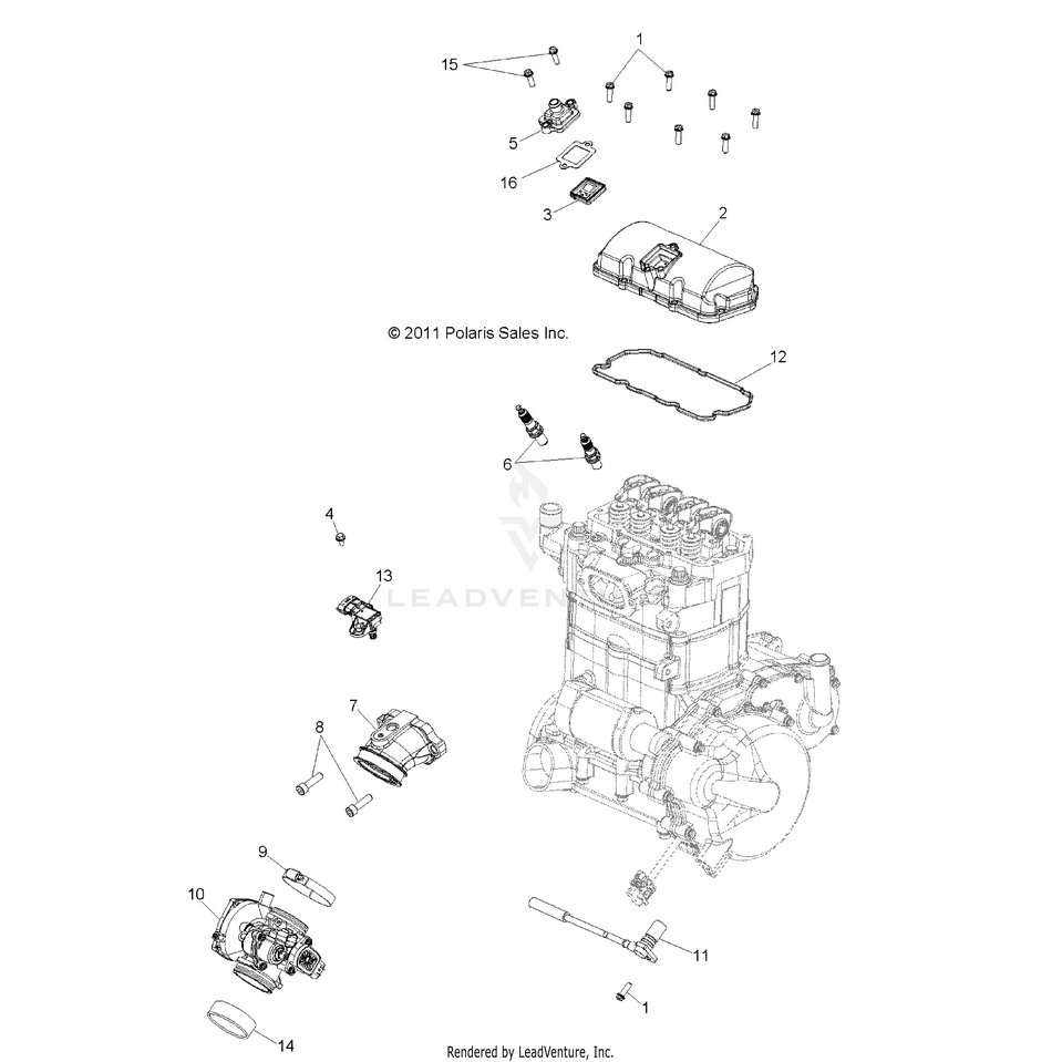 An Image of a Genuine Polaris Parts Schematic Diagram showing the schematic - ENGINE: THROTTLE BODY & VALVE COVER - 2016 POLARIS RANGER 800 6X6