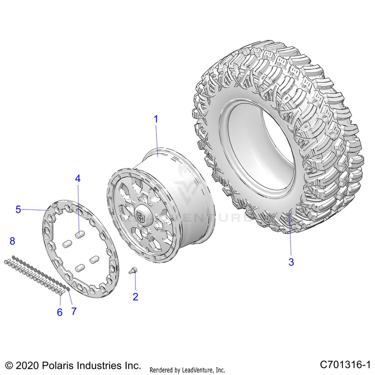 An Image of a Genuine Polaris Parts Schematic Diagram showing the schematic - WHEELS: FRONT - 2021 POLARIS GENERAL XP 4 1000 DELUXE RIDE COMMAND TRAIL