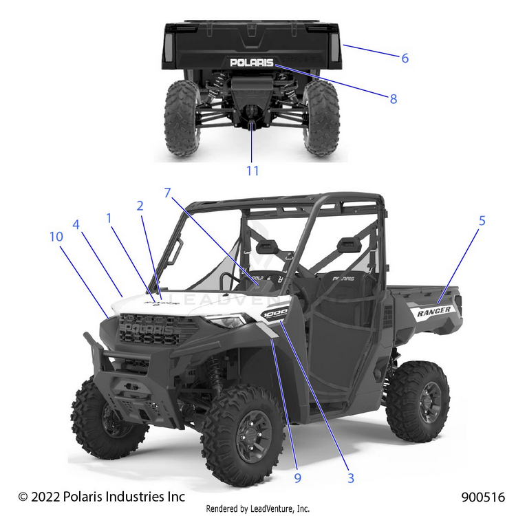 An Image of a Genuine Polaris Parts Schematic Diagram showing the schematic - BODY: DECALS GRAPHICS - 2023 POLARIS RANGER 1000 PREMIUM EPS