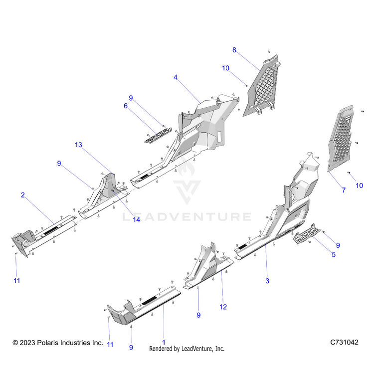 An Image of a Genuine Polaris Parts Schematic Diagram showing the schematic - BODY: REAR FENDERS & ROCKERS - 2024 POLARIS RANGER XD 1500 PREMIUM CREW