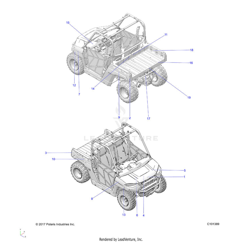 An Image of a Genuine Polaris Parts Schematic Diagram showing the schematic - BODY: DECALS - 2018 POLARIS RANGER 150 EFI