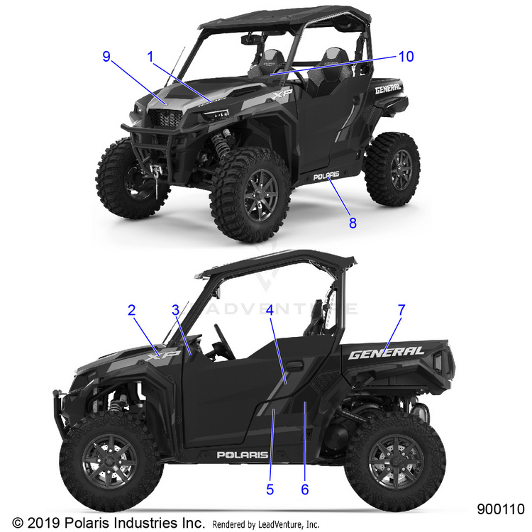 An Image of a Genuine Polaris Parts Schematic Diagram showing the schematic - BODY: DECALS (2) - 2020 POLARIS GENERAL 1000 DELUXE