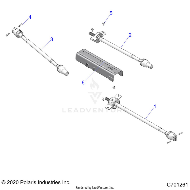 An Image of a Genuine Polaris Parts Schematic Diagram showing the schematic - DRIVE TRAIN: FRONT MID REAR PROP SHAFT - 2021 POLARIS RANGER CREW XP 1000 EPS HIGH LIFTER