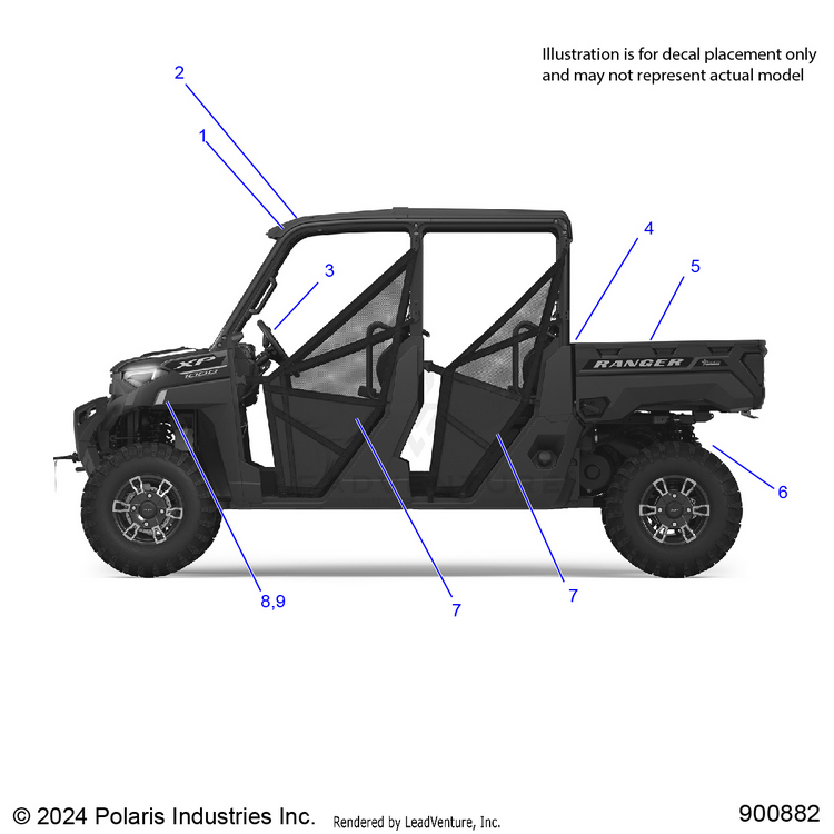 An Image of a Genuine Polaris Parts Schematic Diagram showing the schematic - BODY: DECALS GENERAL - 2025 POLARIS RANGER 1000 XP CREW TEXAS EDITION