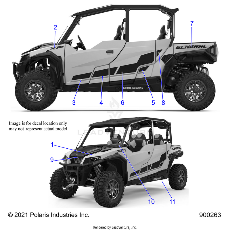 An Image of a Genuine Polaris Parts Schematic Diagram showing the schematic - BODY: DECALS (2) - 2021 POLARIS GENERAL XP 4 DELUXE RIDE COMMAND