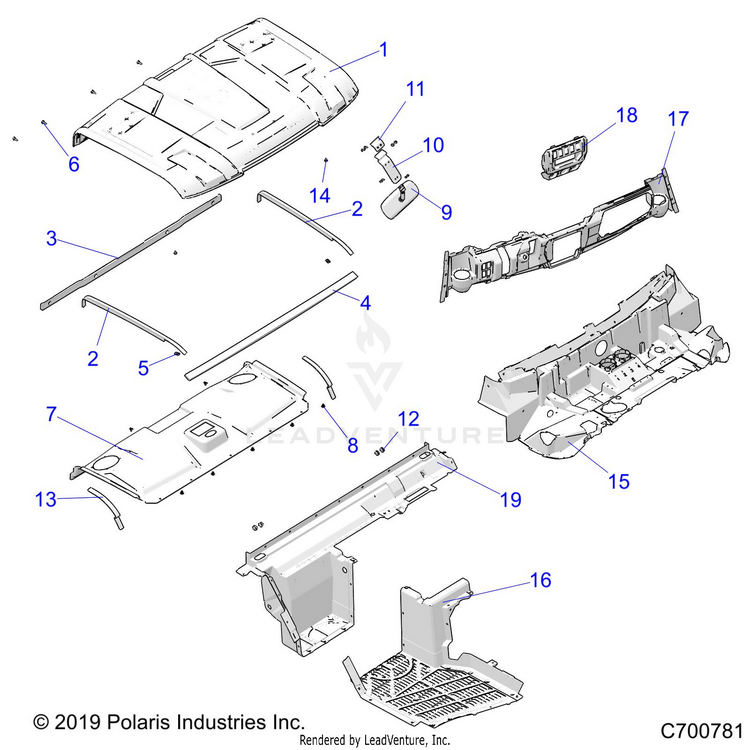 An Image of a Genuine Polaris Parts Schematic Diagram showing the schematic - OPTION: ROOF PREP AUDIO HOOD LINER REAR CLOSE OFF & DASH - 2020 POLARIS RANGER XP 1000 NORTHSTAR FACTORY CHOICE